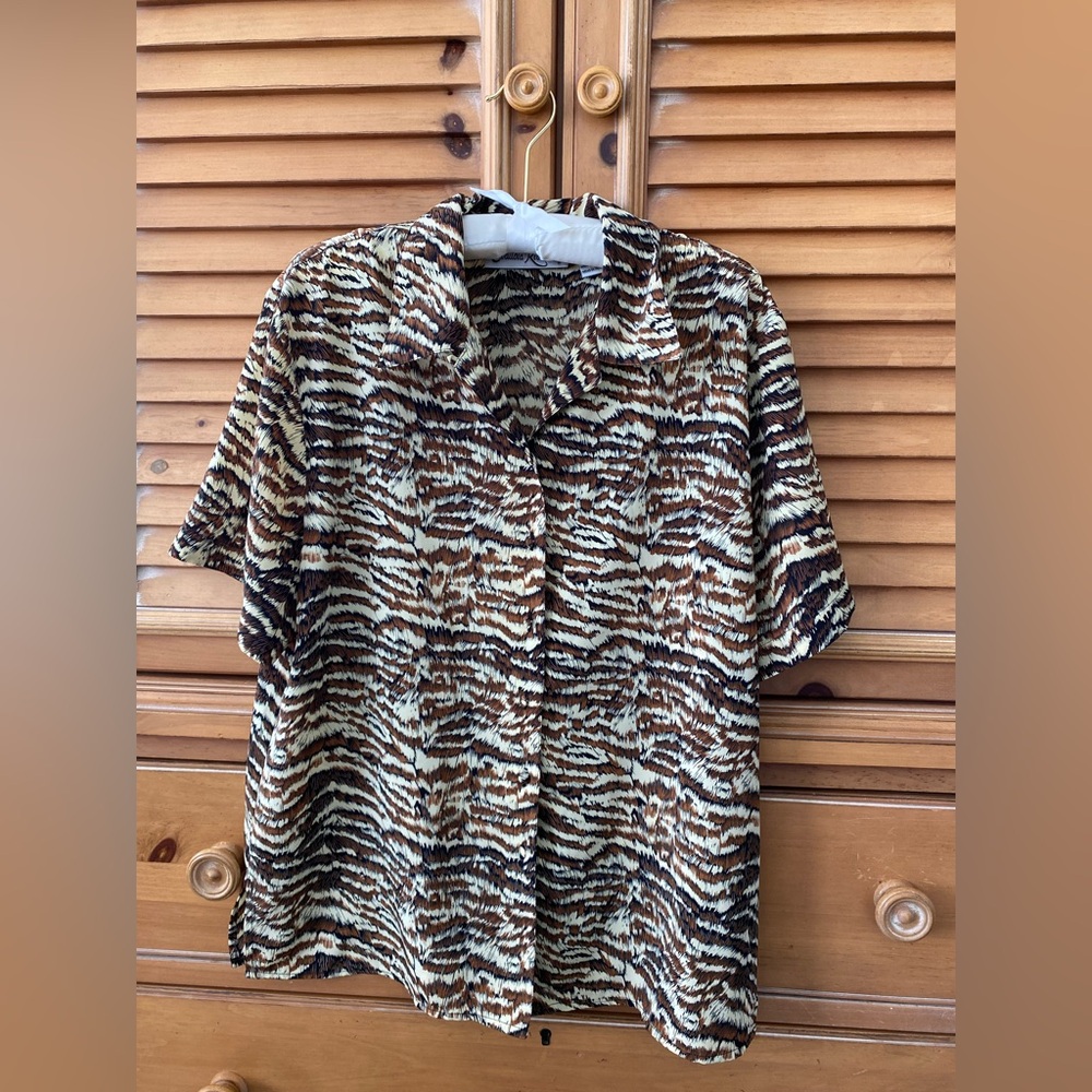 Claudia Richard animal print blouse with matching fabric covered buttons